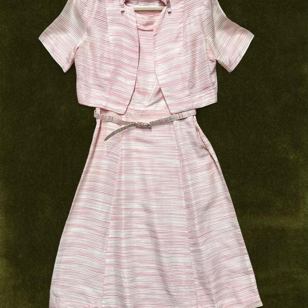 TRUE VINTAGE COMPLETE SET 1950s Pink Stripe Dress & Jacket Set + Belt | Size S/M